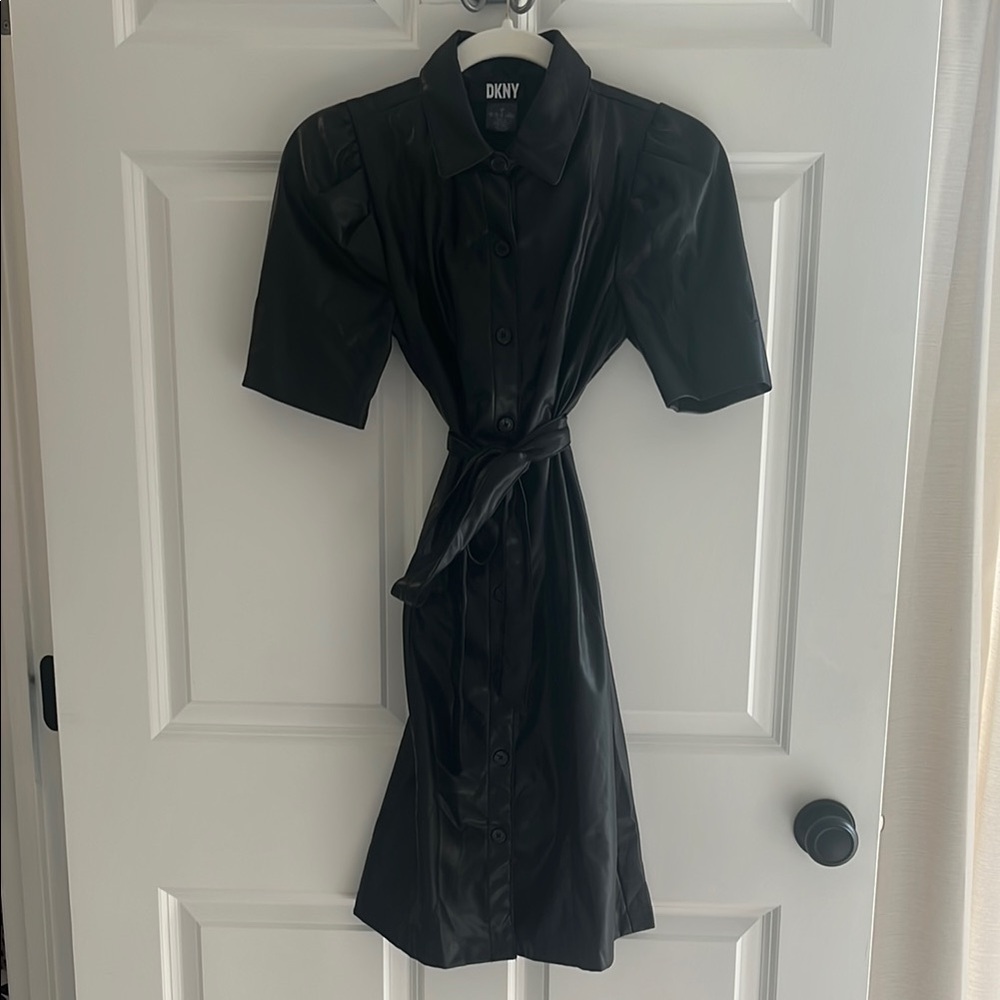 DKNY Black Midi Dress with Notched Collar and Tie Front